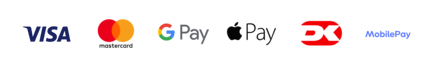 Vi tager imod Visa, Mastercard, Google Pay, Apple Pay, Dankort og MobilePay
