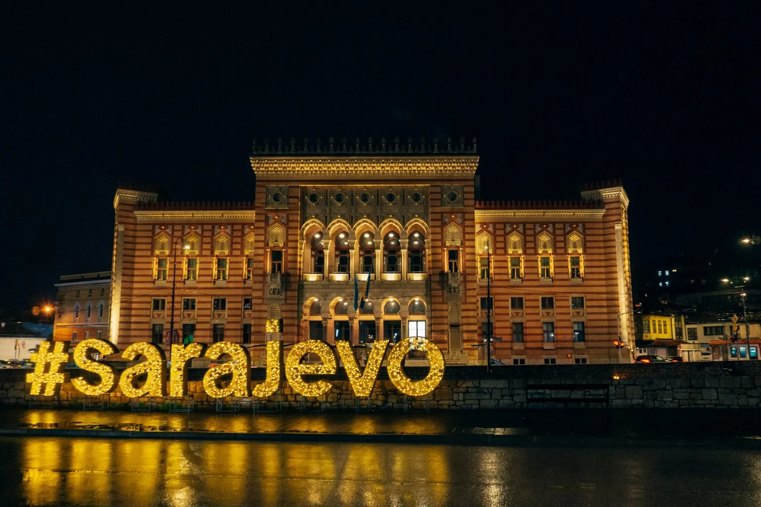 Sarajevo city hall, Vijećnica, lit up at night